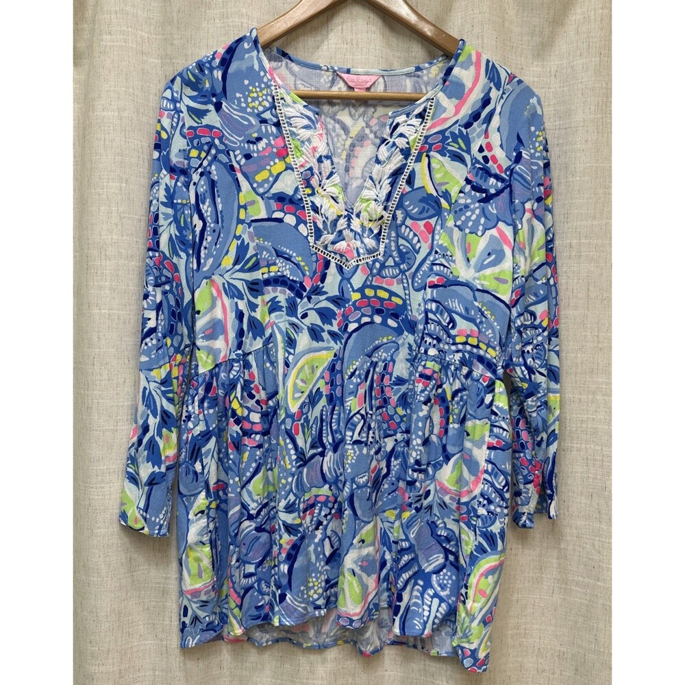 Lilly Pulitzer LYNDSEA Blue Peri ~Pinch Pinch~ Pattern Embroidered Tunic Top M